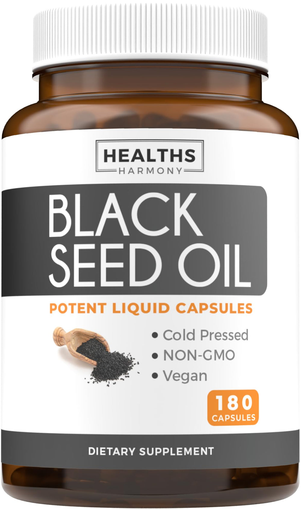 Healths Harmony black seed oil softgels bottle for convenient daily use.