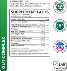 Healths Harmony capsules closeup highlights caprylic acid and oregano blend for intestinal support