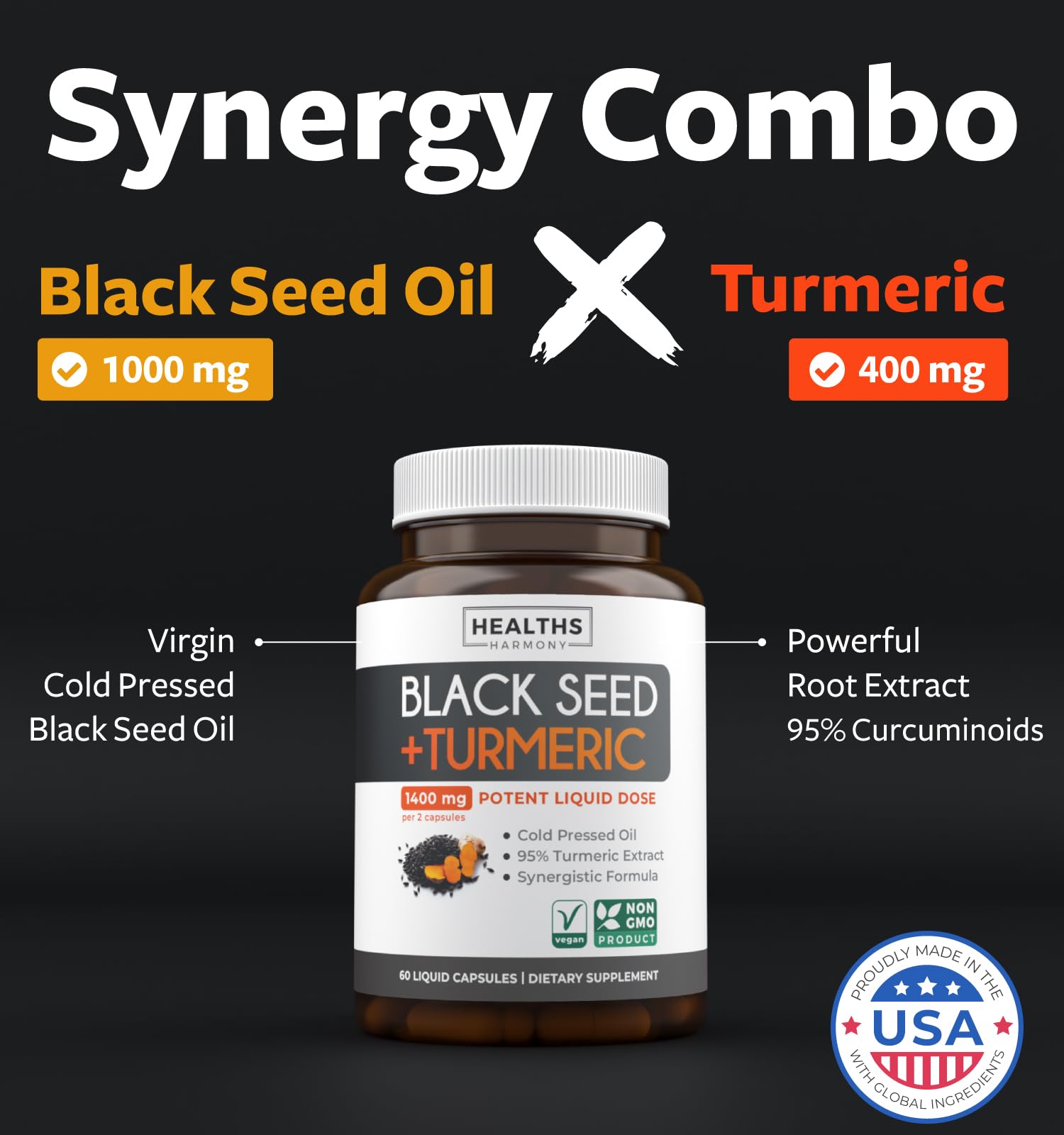 Healths Harmony capsules with turmeric extract highlighting curcuminoids for daily support