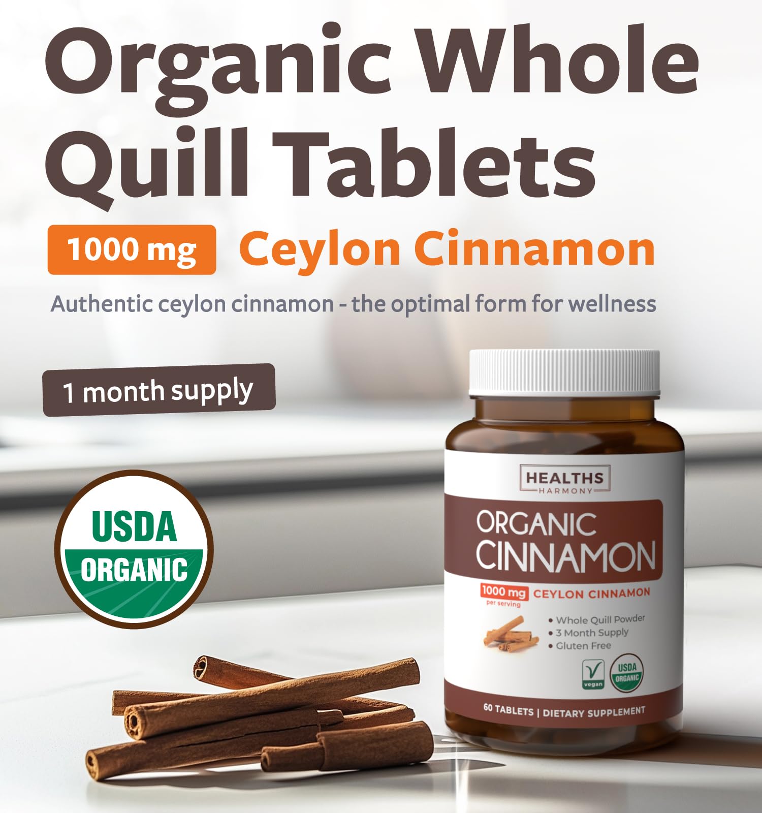Healths Harmony bottle back displays USDA Organic and non-GMO seal for trust