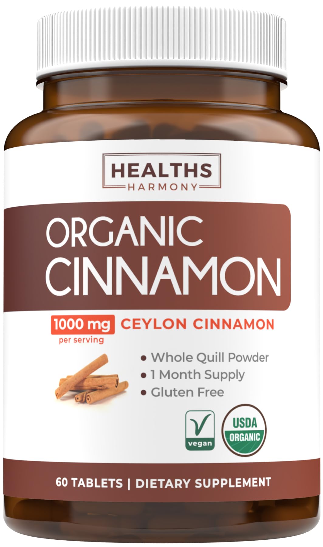 Healths Harmony Ceylon cinnamon pills bottle front, organic capsules for daily antioxidant support