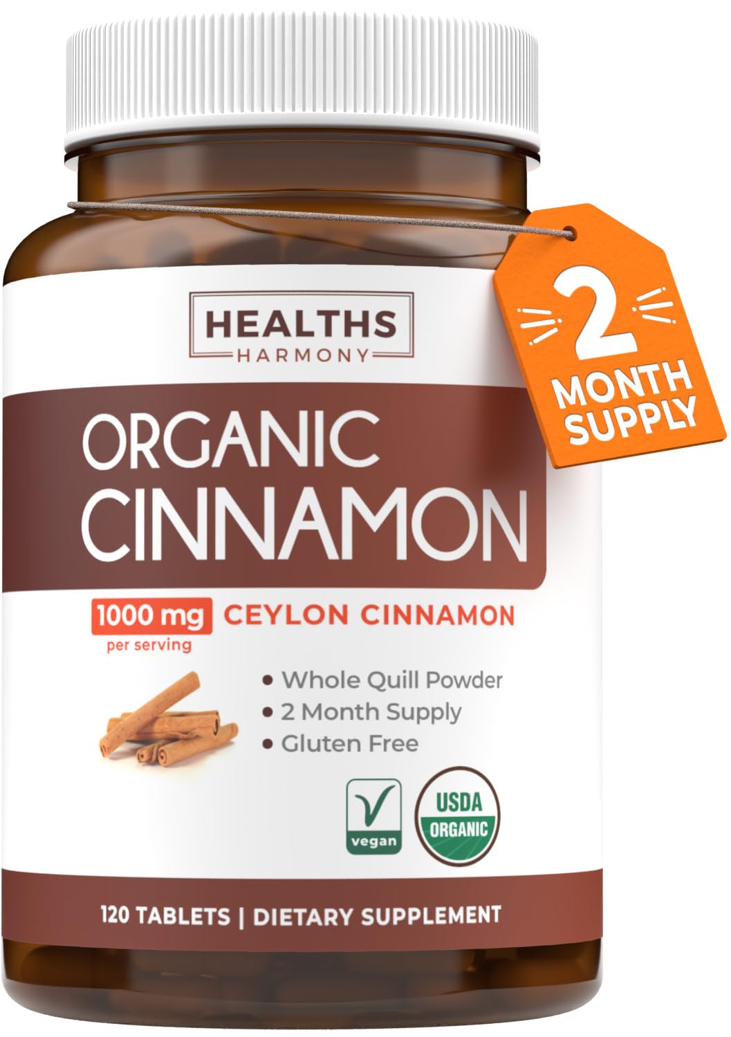 Healths Harmony Ceylon Cinnamon pills bottle; potential daily antioxidant support.