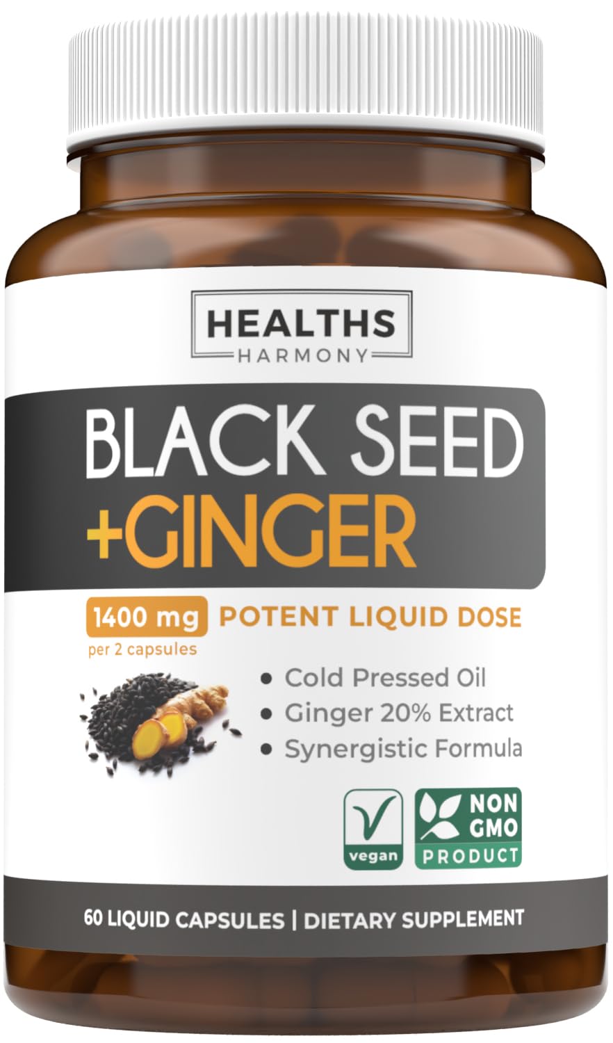 Healths Harmony cold-pressed black seed oil capsules bottle supports daily wellness.