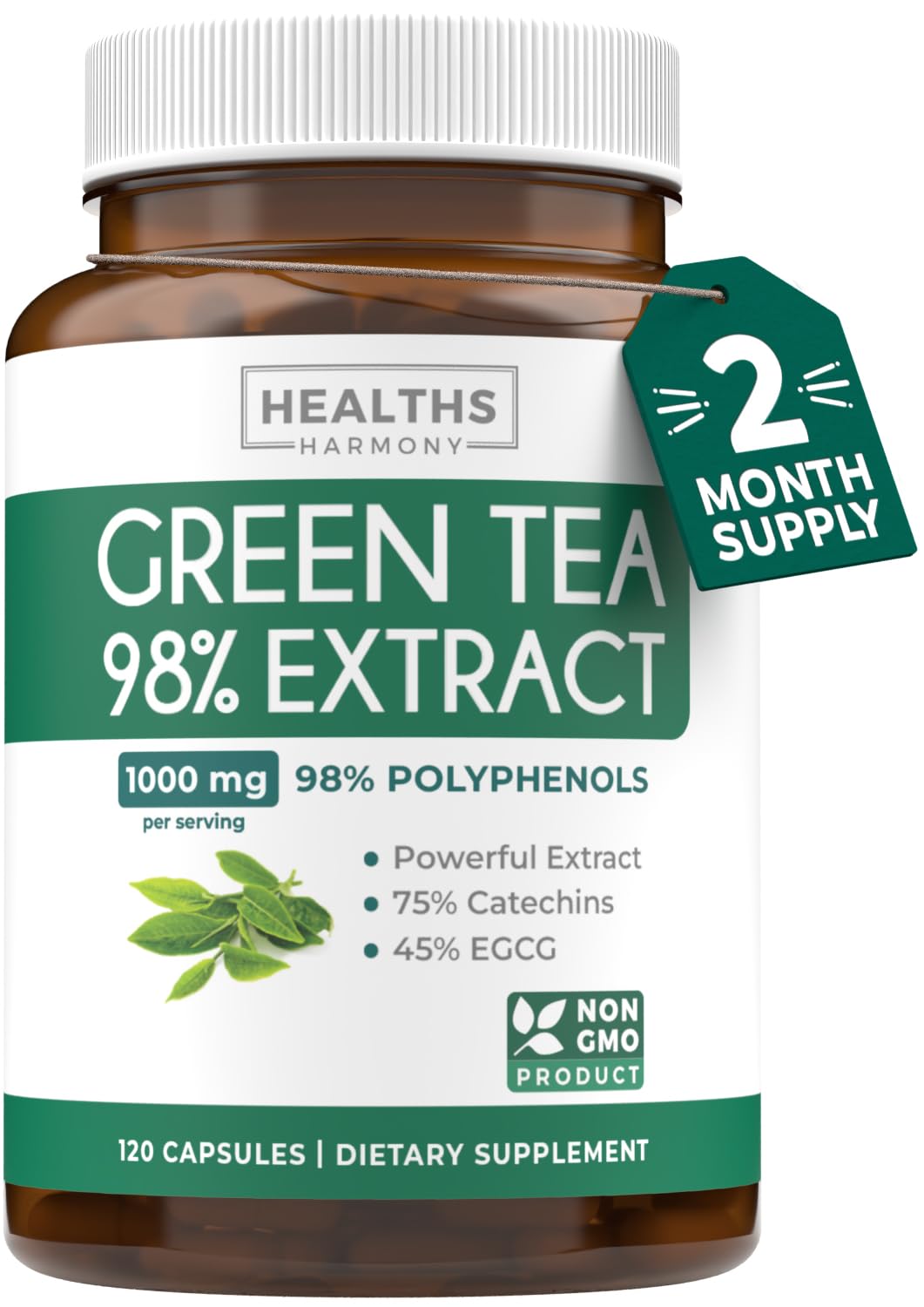 Healths Harmony EGCG capsules bottle front view highlighting antioxidant-rich formula