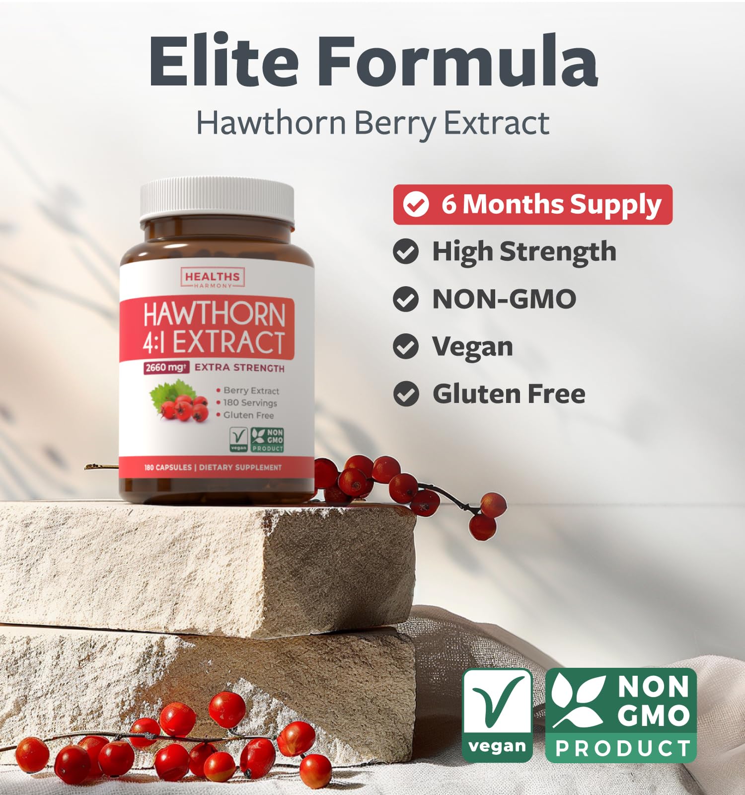 Healths Harmony Hawthorn Berry Extract capsules close-up showing vegan capsules for clean daily supplement