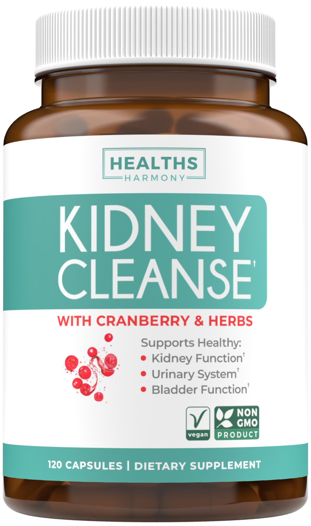 Healths Harmony Kidney Cleanse bottle label highlights cranberry extract support for kidney health.