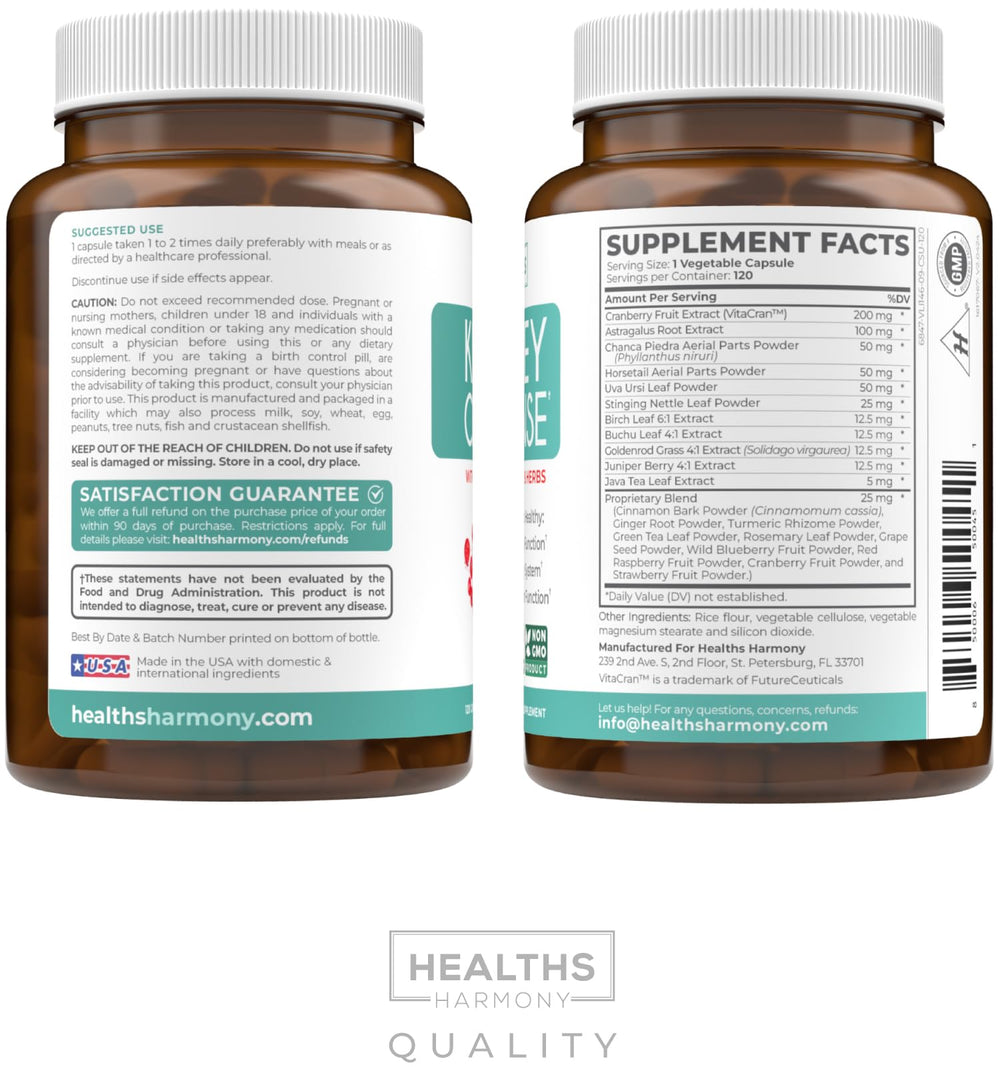 Healths Harmony Kidney Cleanse cranberry bottle detail highlights Vitacran extract benefits.