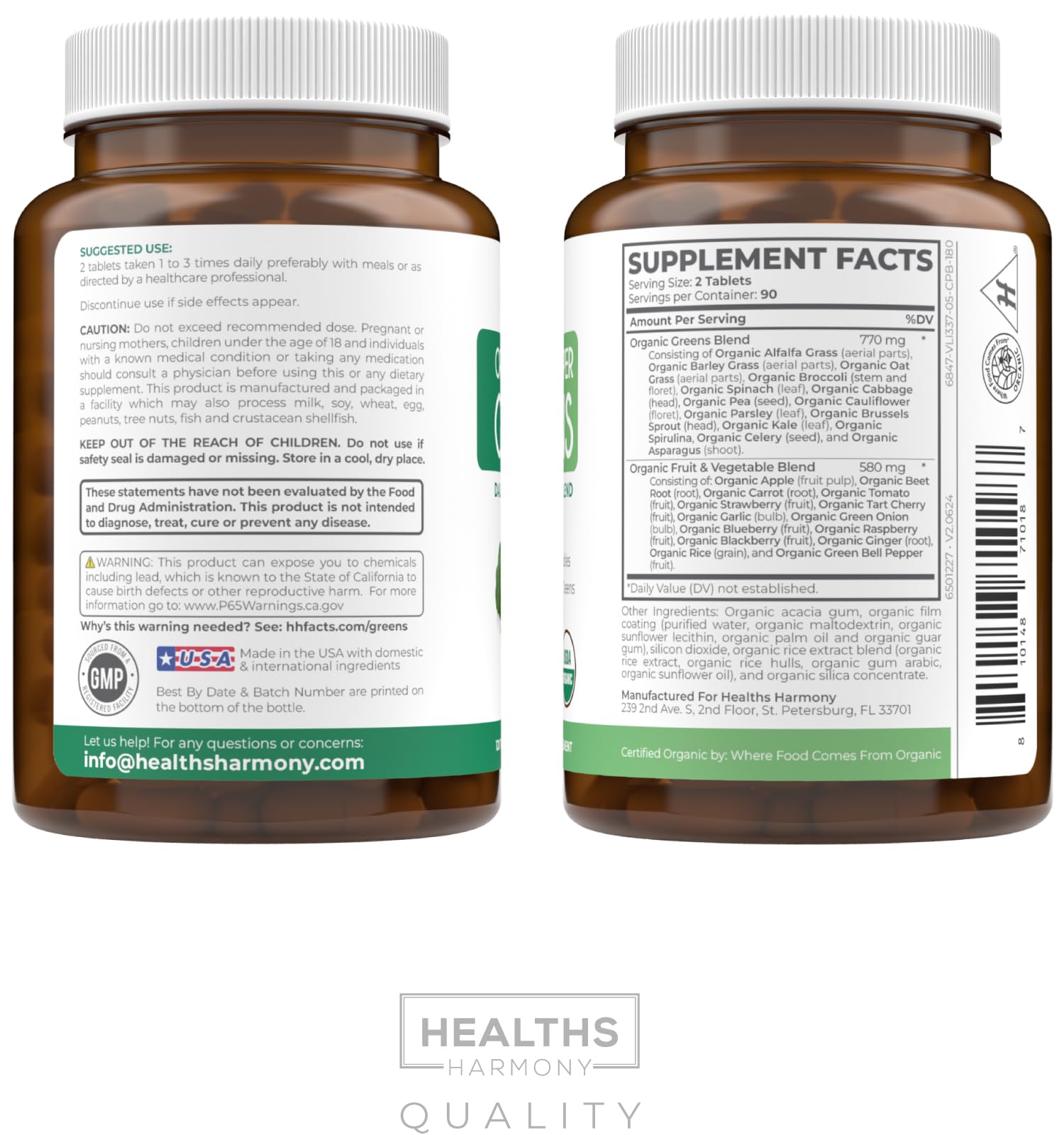 Healths Harmony made-in-USA GMP tablets for quality daily greens