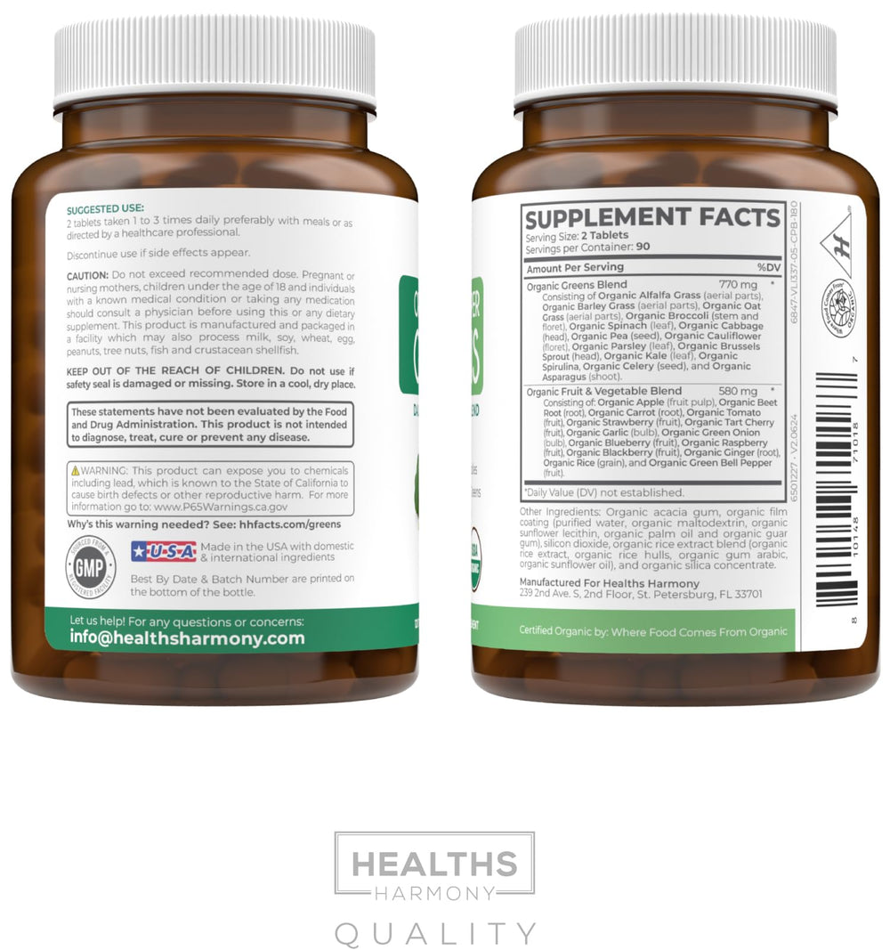 Healths Harmony made-in-USA GMP tablets for quality daily greens