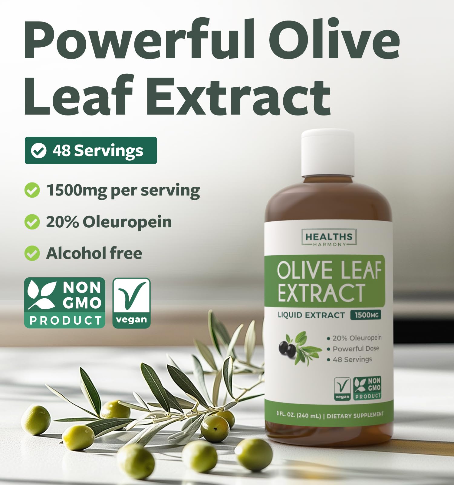 Healths Harmony olive leaf extract bottle label highlights non-GMO and vegetarian ingredients for clean sourcing