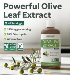 Healths Harmony olive leaf extract bottle label highlights non-GMO and vegetarian ingredients for clean sourcing