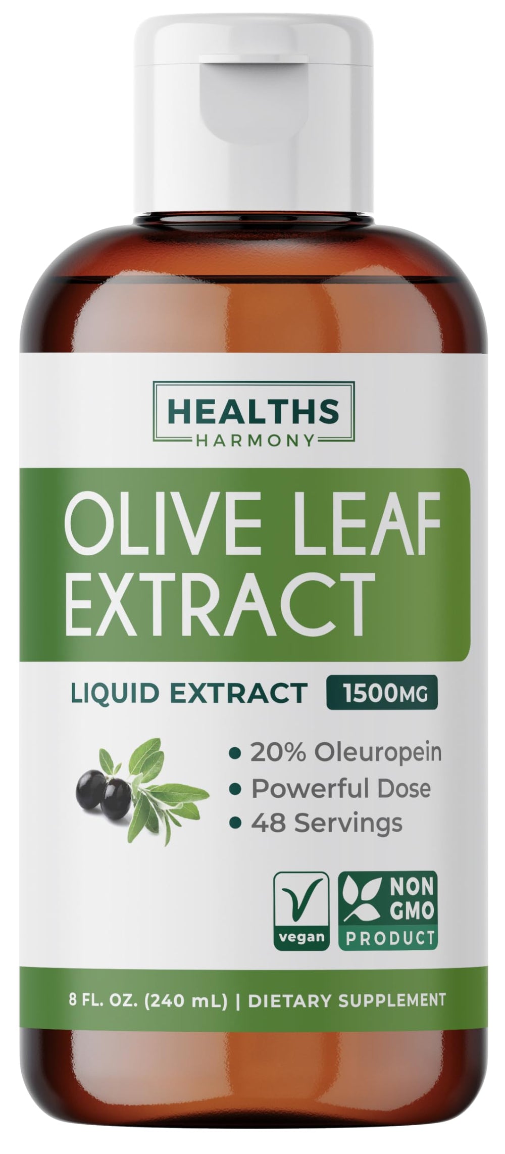 Healths Harmony olive leaf extract bottle pour shows easy daily use for potential wellness support