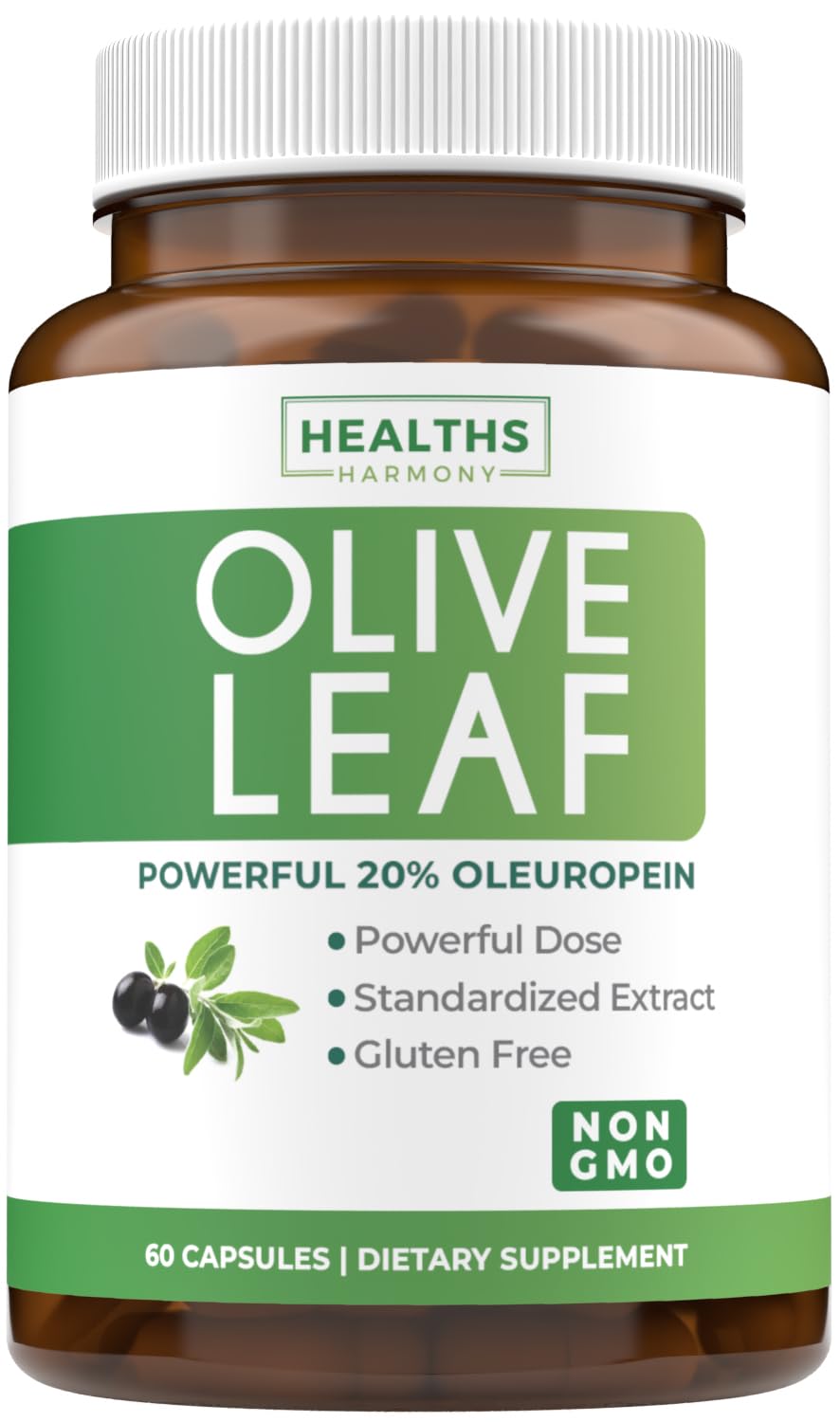 Healths Harmony olive leaf extract capsule highlighting immune wellness potential.