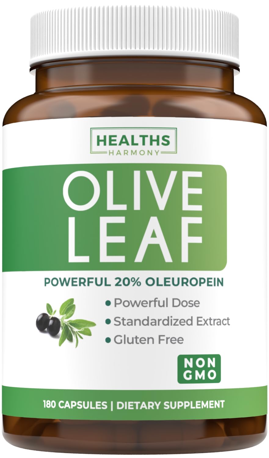 Healths Harmony olive leaf extract capsules bottle front showing 750mg potency for daily wellness
