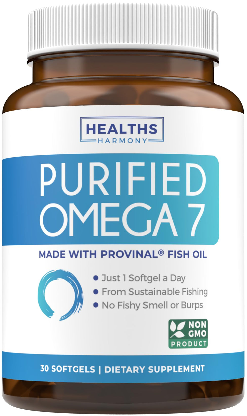Healths Harmony Omega 7 bottle front, suggesting potency for daily wellness.