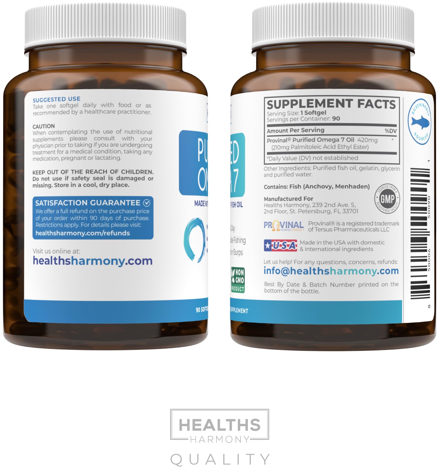 Healths Harmony Omega 7 daily-use capsule conveying simple routine.