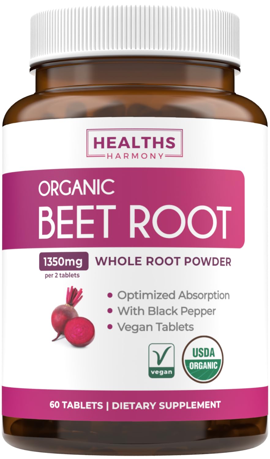 Healths Harmony beet root tablets bottle front for daily energy support.