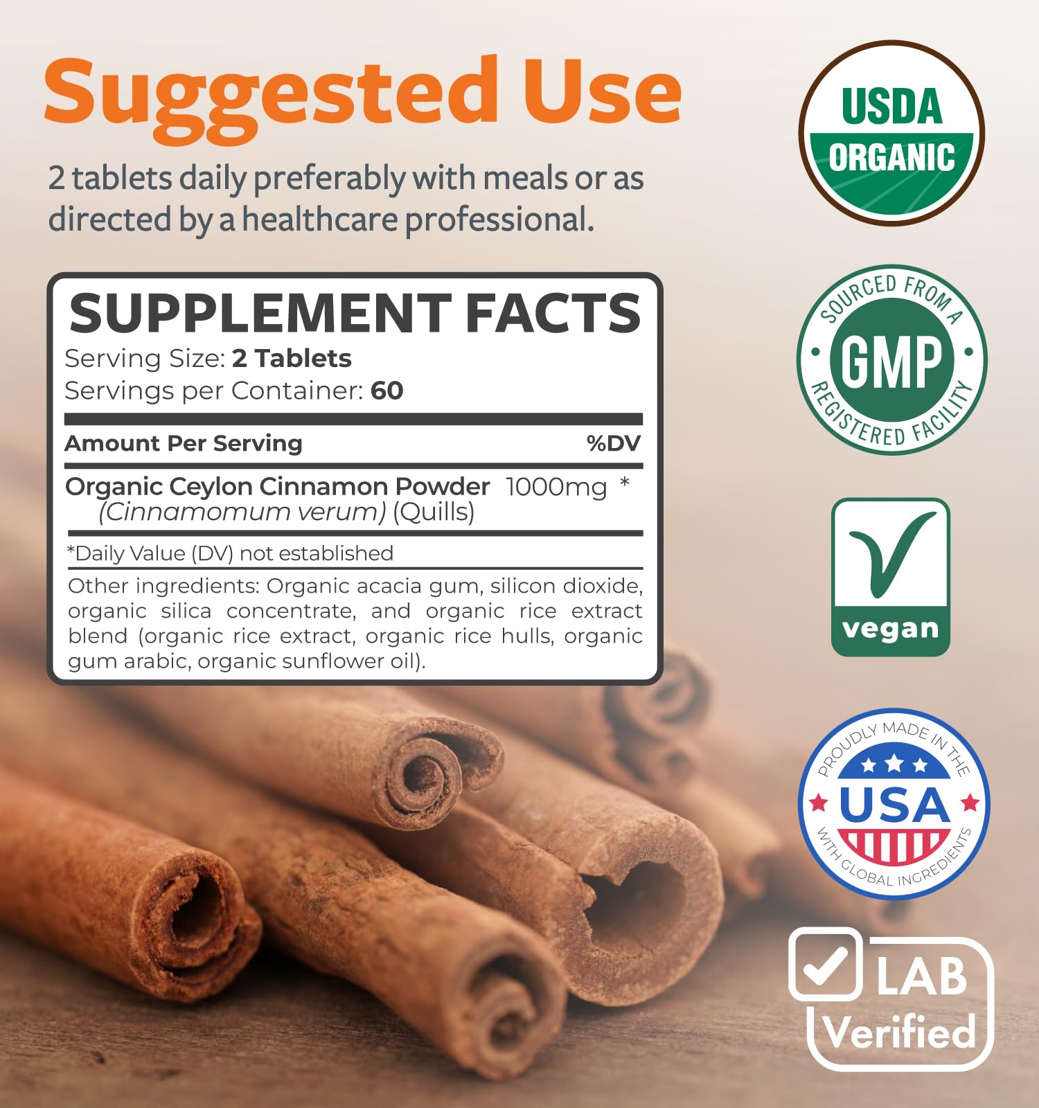 Healths Harmony Organic Ceylon Cinnamon pills pack highlighting clean ingredients.