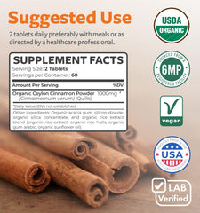Healths Harmony Organic Ceylon Cinnamon pills pack highlighting clean ingredients.