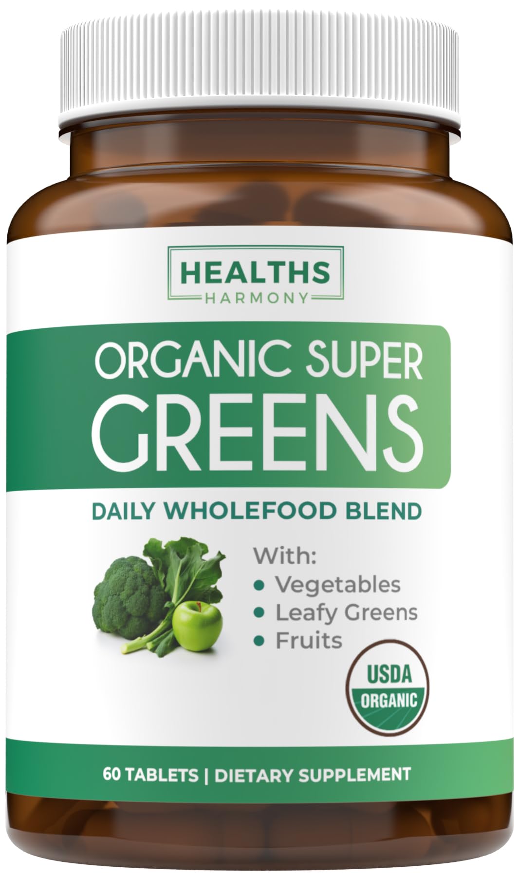 Healths Harmony Organic Super Greens tablets bottle for daily nutrition on busy days