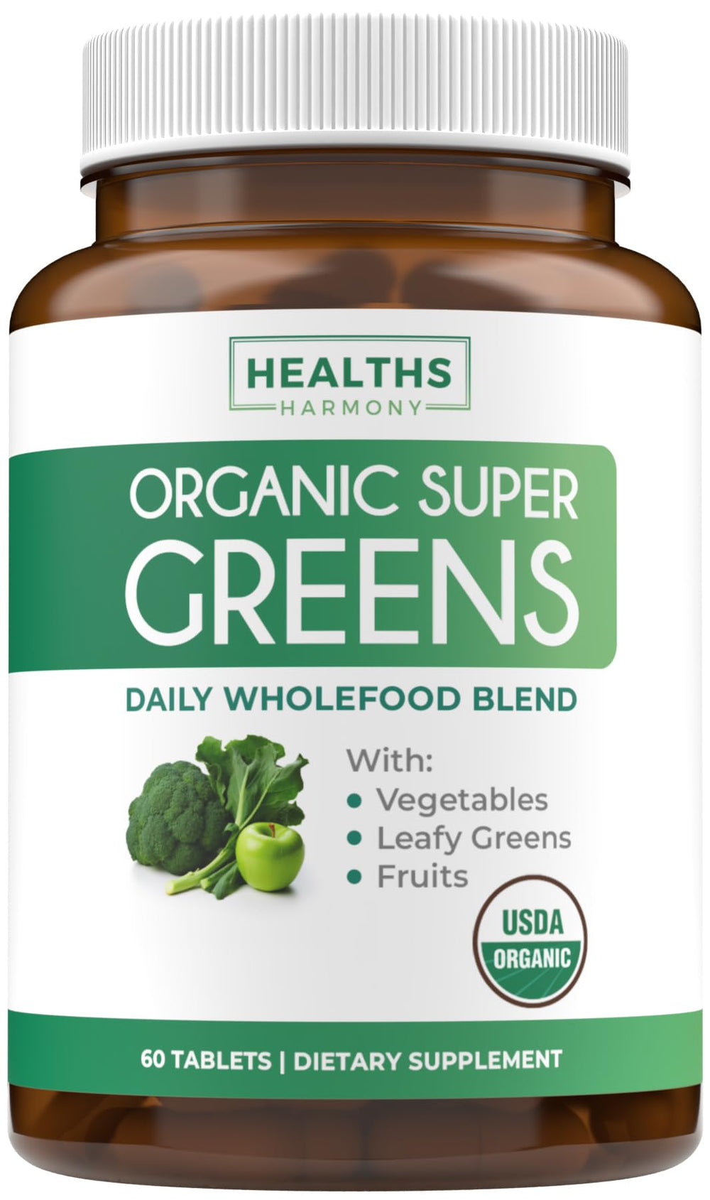 Healths Harmony Organic Super Greens tablets bottle for daily nutrition on busy days