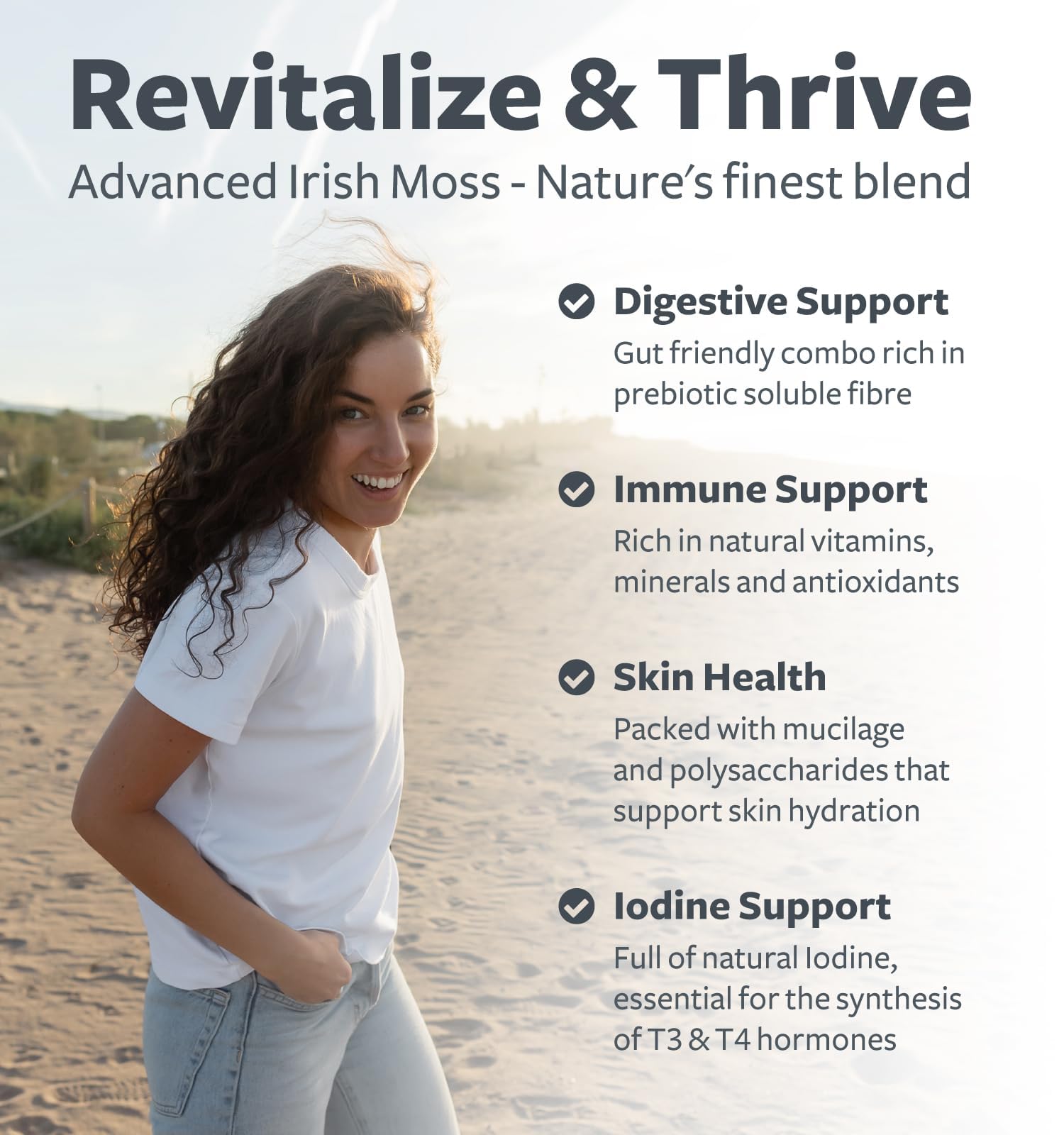 Healths Harmony sea moss capsules panel shows mineral-rich ingredients.