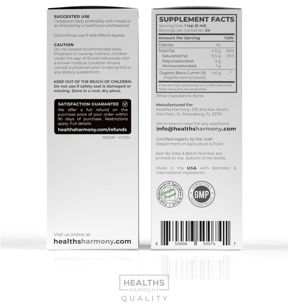 Healths Harmony black seed oil supports natural hair and skin vitality.