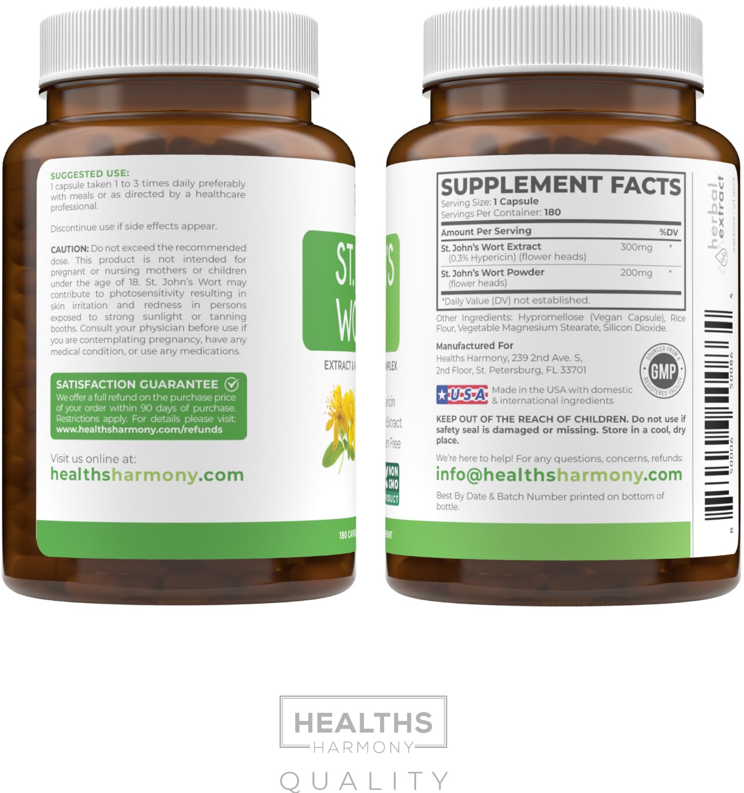 Healths Harmony St. John's Wort bottle with 180 capsules ideal for ongoing daily mood support.