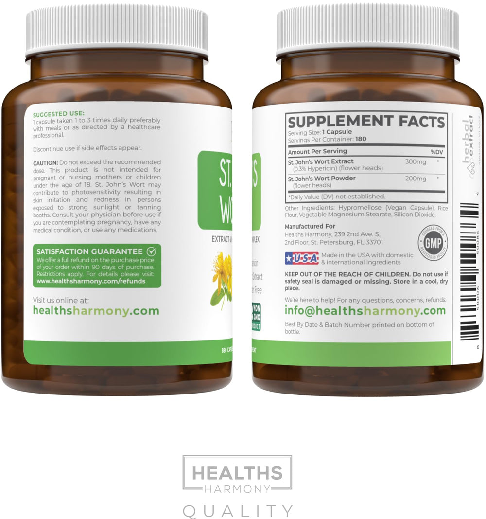 Healths Harmony St. John's Wort bottle with 180 capsules ideal for ongoing daily mood support.