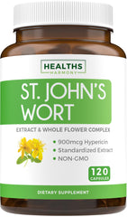 Healths Harmony St John's Wort capsules bottle front, vegan mood-support supplement.