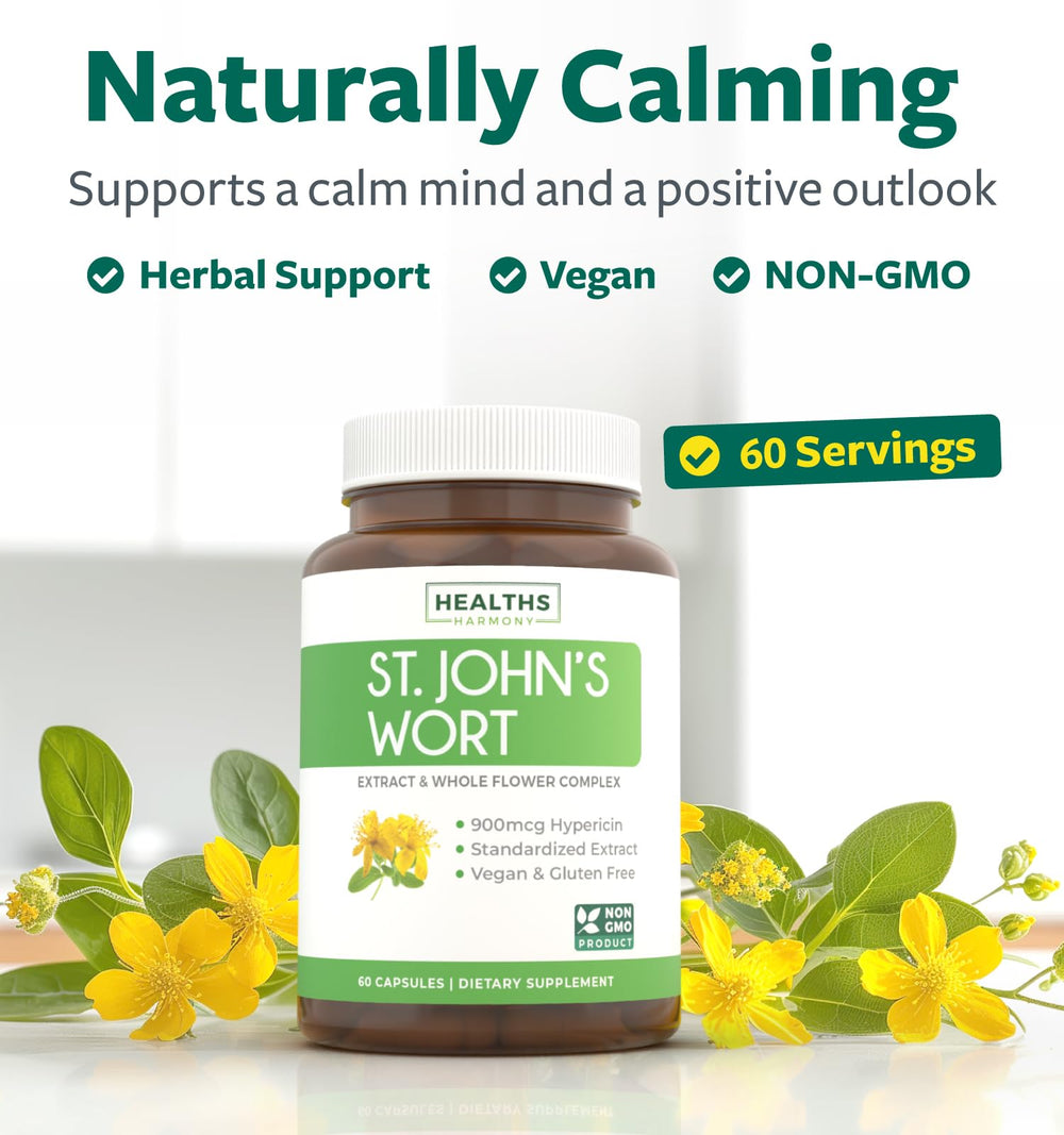 Healths Harmony St John's Wort capsules arranged for daily supplement routine.
