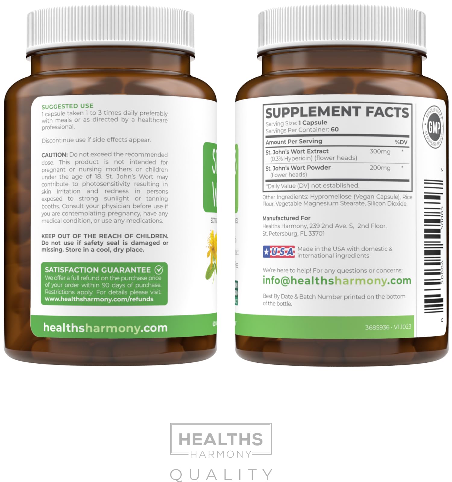 Healths Harmony St John's Wort US packaging highlights vegan, non-GMO formulation.