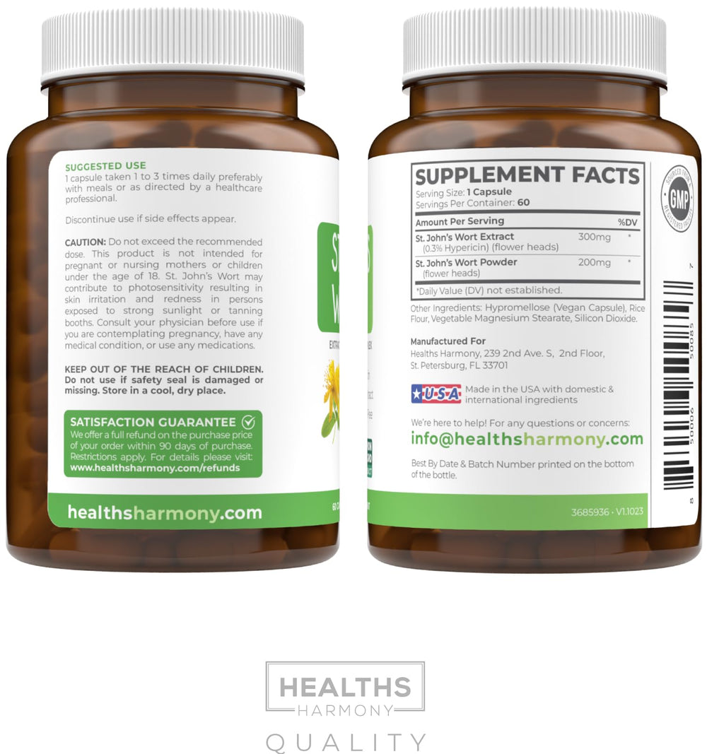 Healths Harmony St John's Wort US packaging highlights vegan, non-GMO formulation.