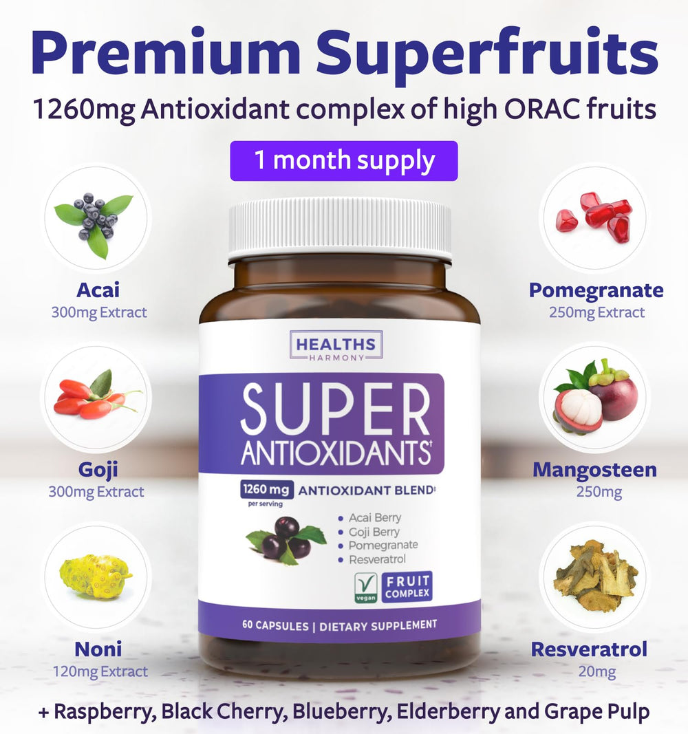 Healths Harmony Super Antioxidants bottle label highlights vegan non-GMO