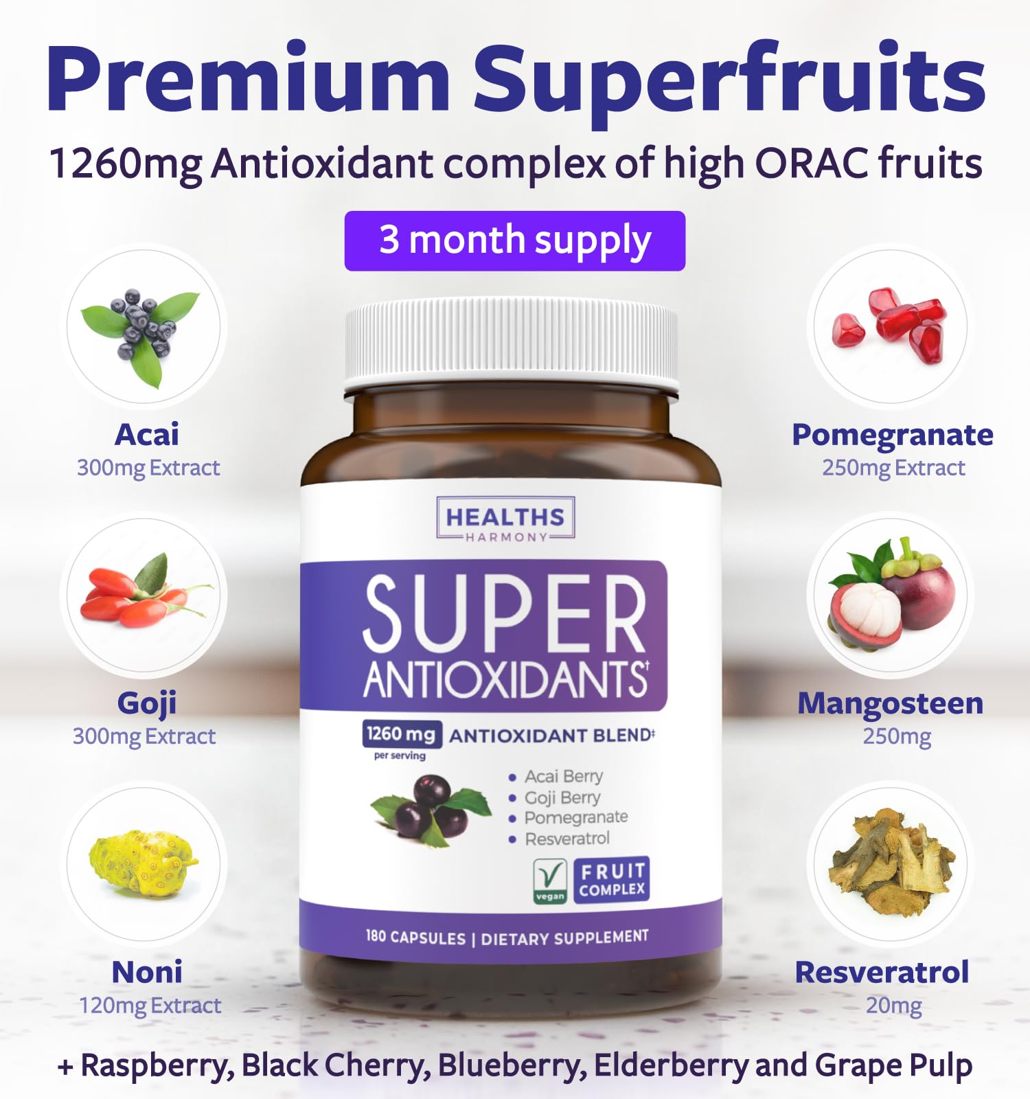 Healths Harmony Super Antioxidants bottle side view for daily antioxidant routine