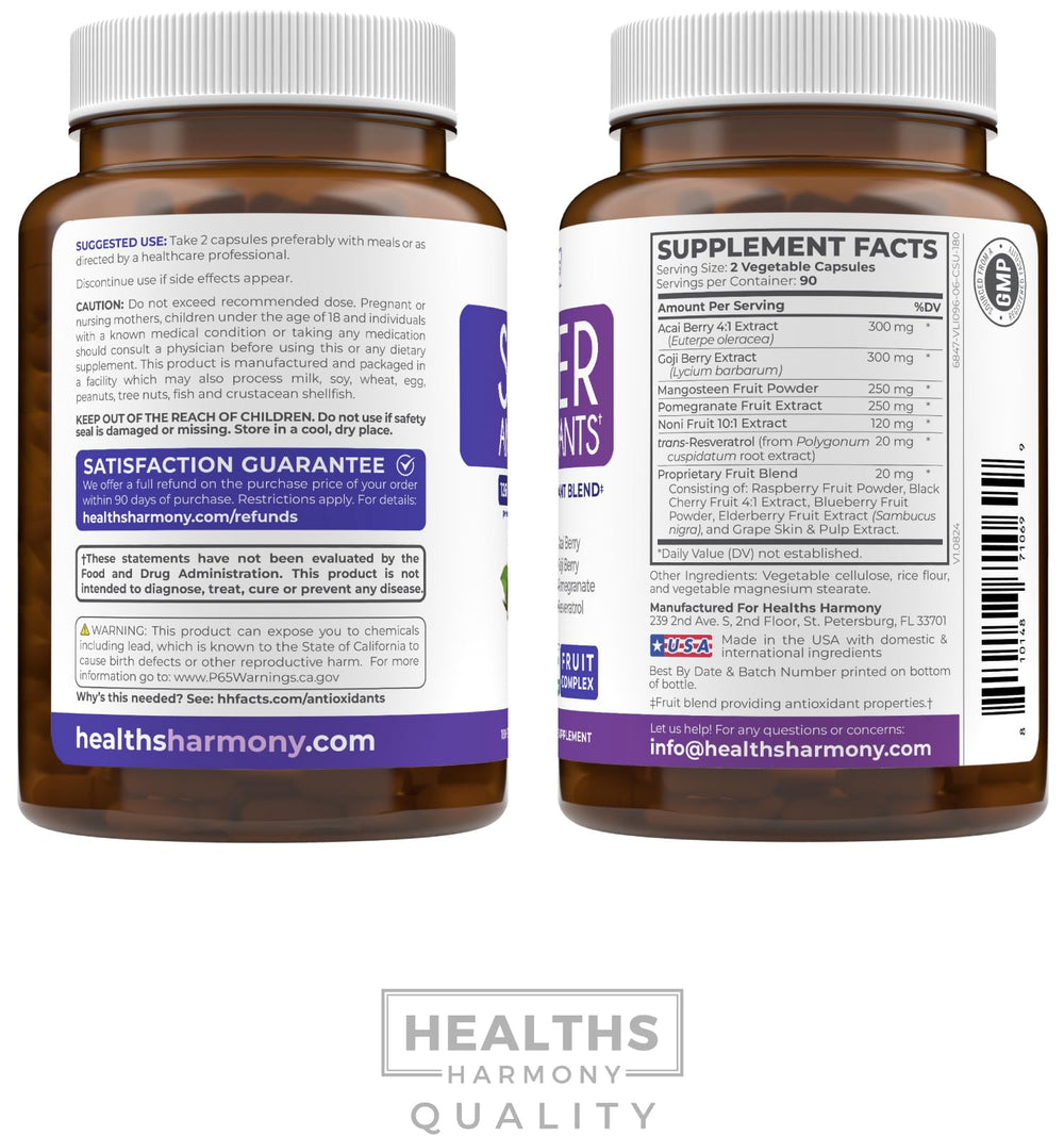 Healths Harmony Super Antioxidants vegan non-gmo label shot for clean plant-based quality