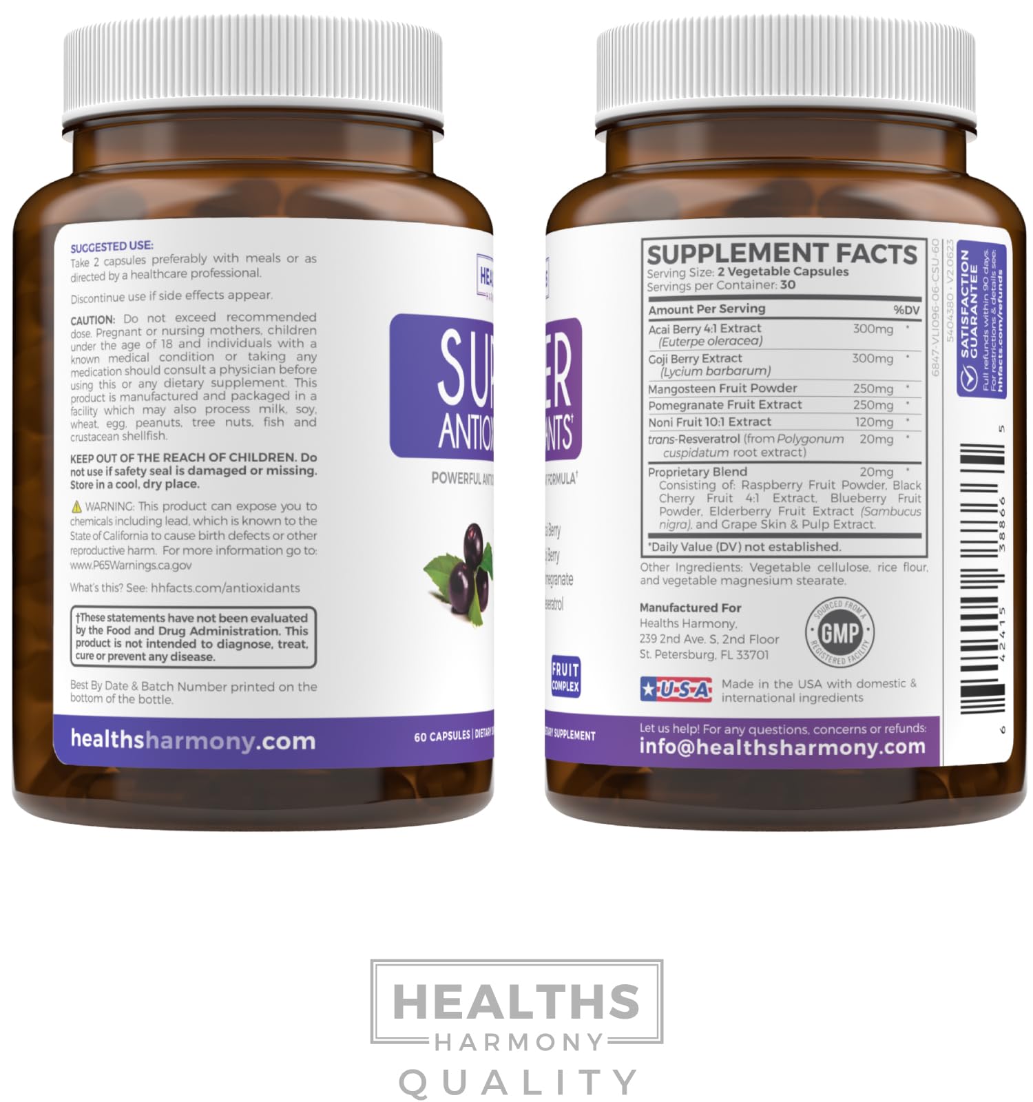 Healths Harmony Super Antioxidants vegan non-GMO seal emphasized