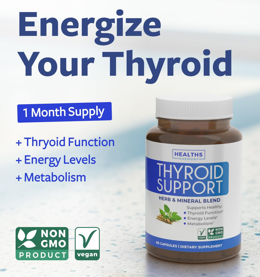 Healths Harmony Thyroid Support capsules close-up emphasizing vegan capsules for daily use.