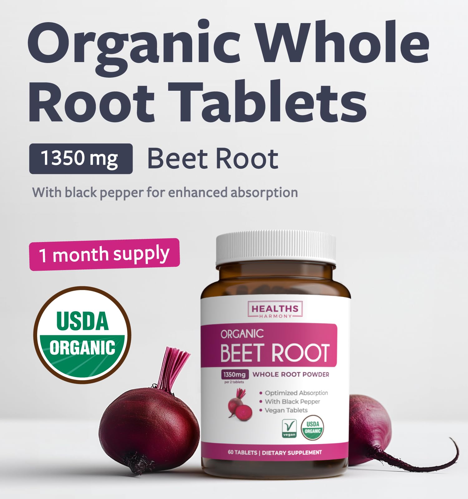 Healths Harmony USDA Organic beet root tablets close-up highlighting organic certification.