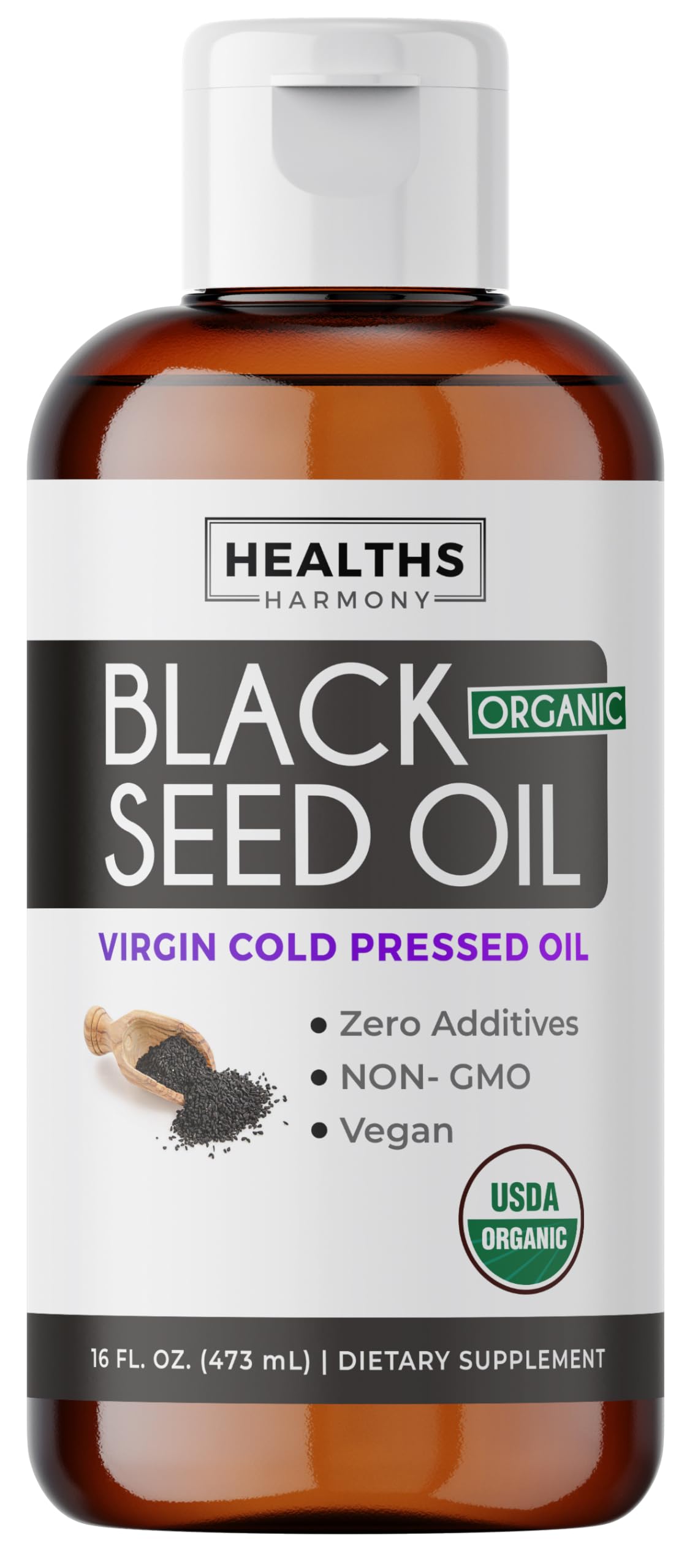 Healths Harmony black seed oil bottle with pour spout for easy daily use and antioxidant support.