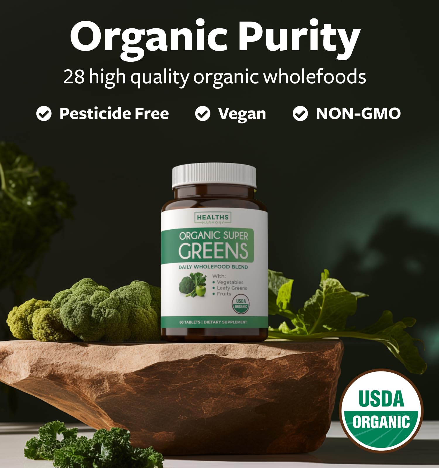 Close-up of Healths Harmony USDA Organic label emphasizing quality and purity