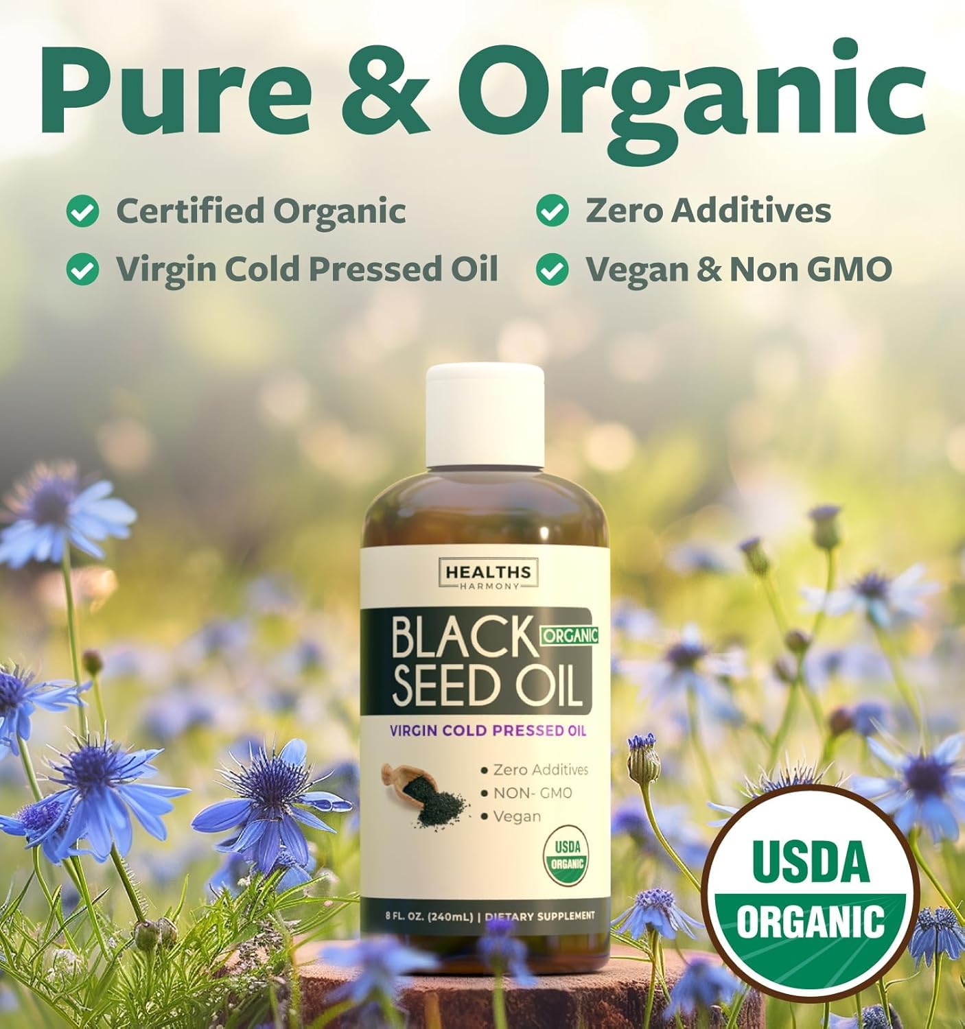Healths Harmony bottle shows USDA Organic logo signaling trusted quality.