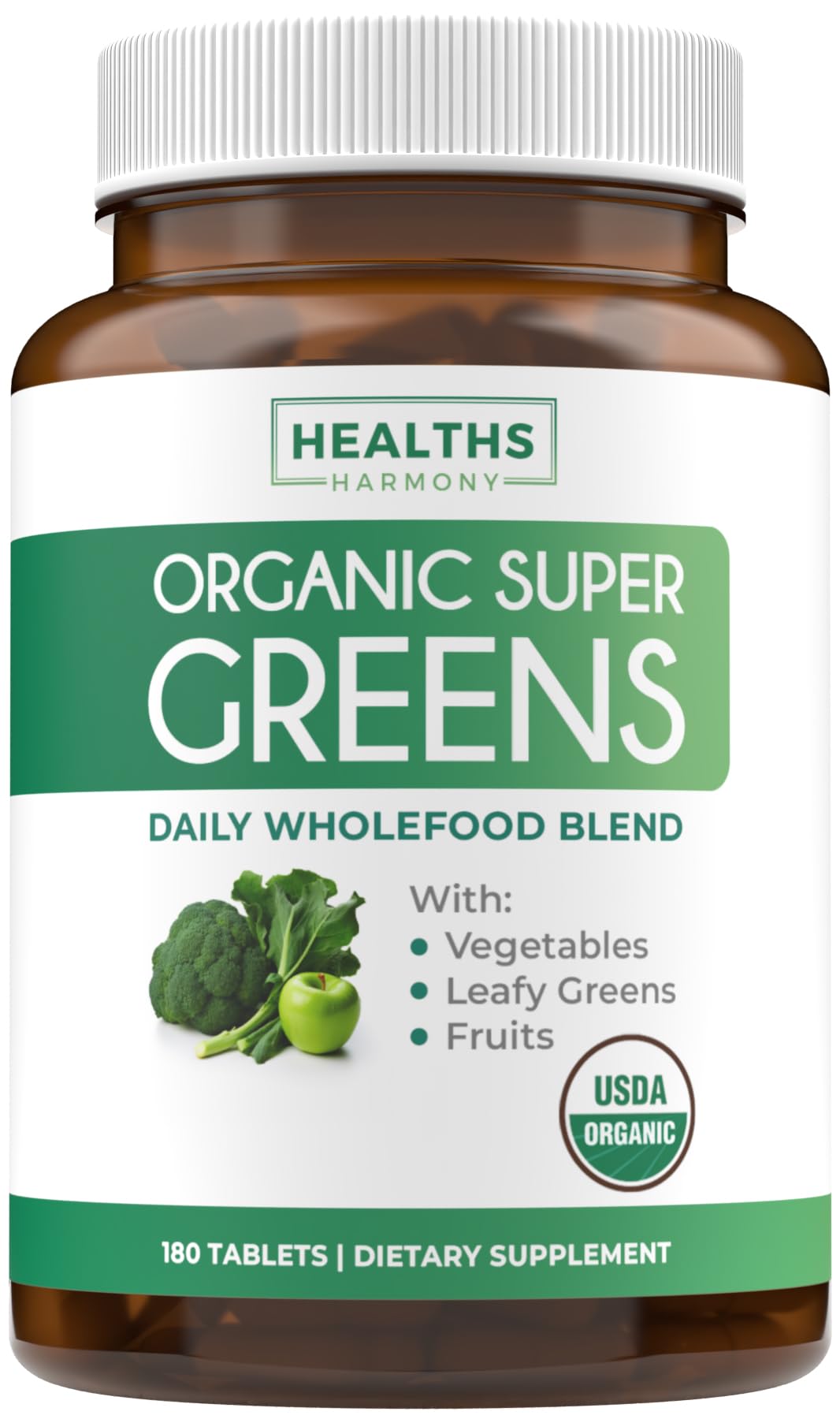 Healths Harmony USDA Organic Super Greens tablets in a bottle for convenient daily nutrition