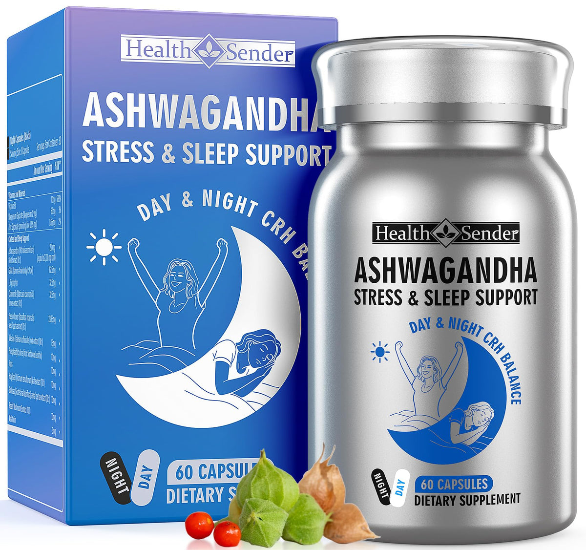 HealthSender Adrenal Stress Support bottle with capsules for daily balance.