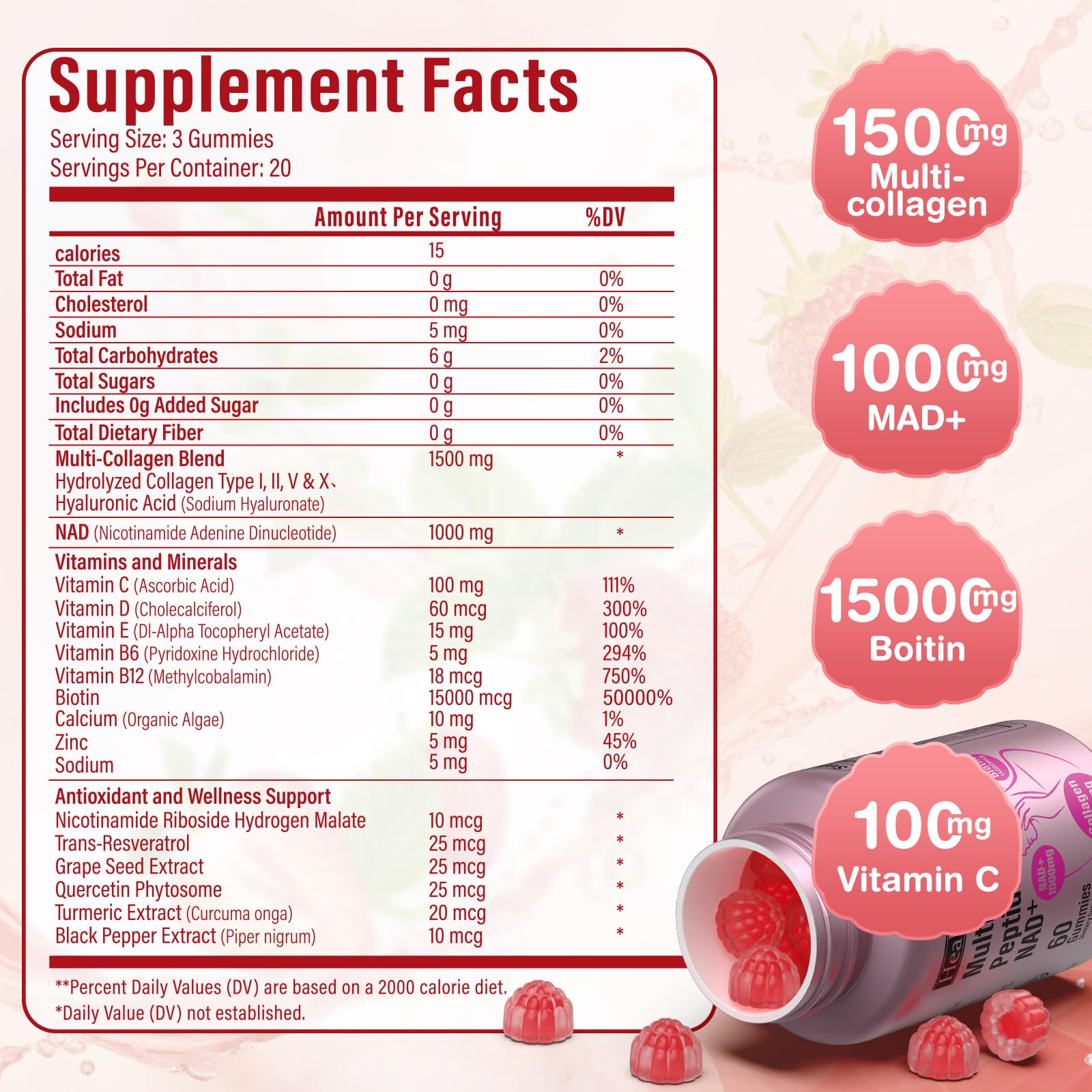 HealthSender Collagen Gummies ingredients label highlighting hydrolyzed collagen and NAD.