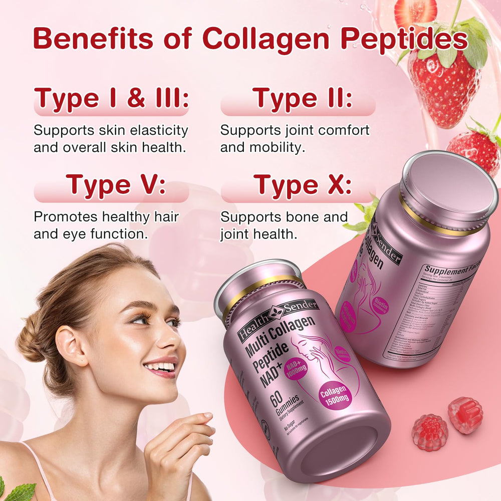 HealthSender Collagen Gummies texture close-up emphasizes sugar-free, strawberry flavor.