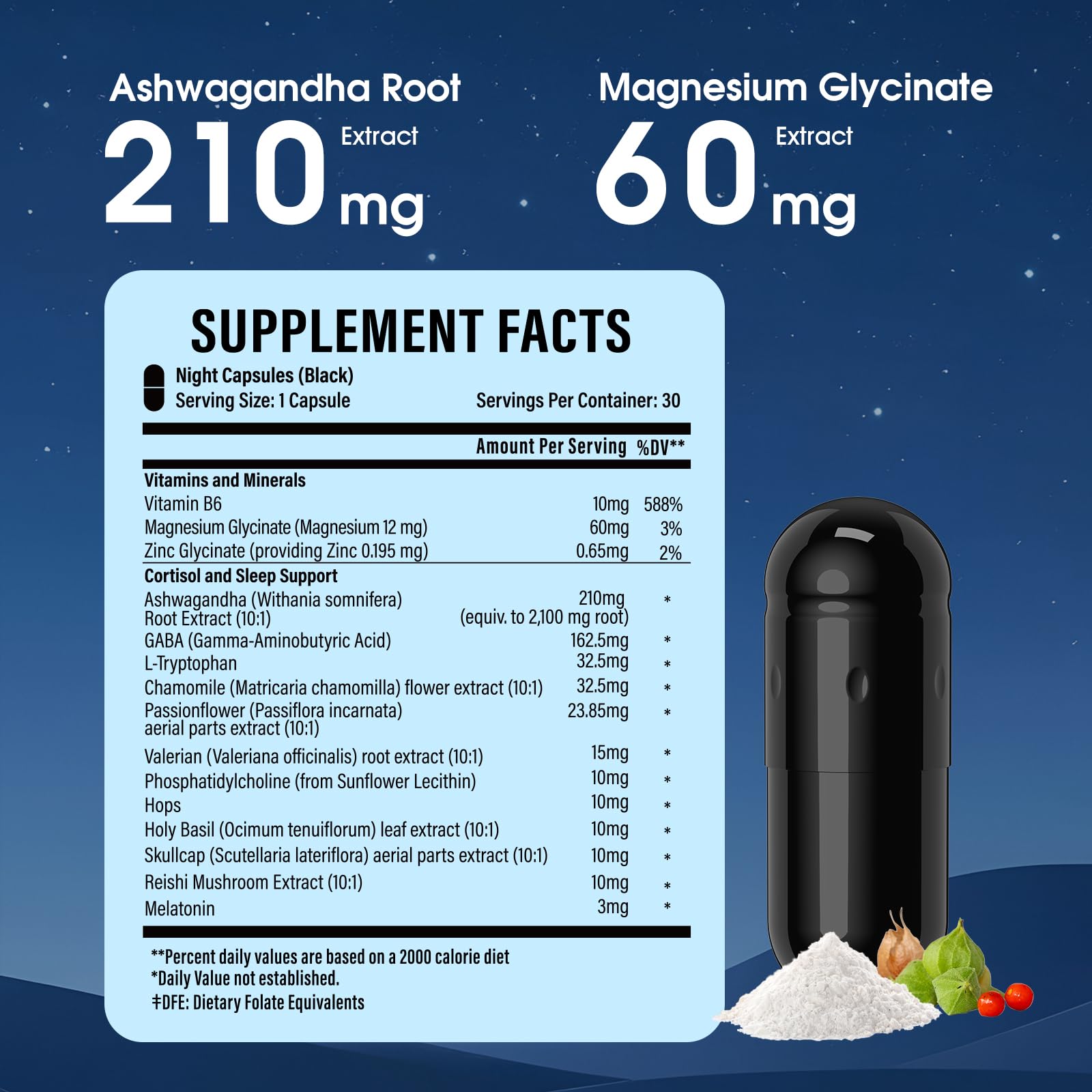 HealthSender Day Night formulation capsules promoting daytime focus and evening calm.