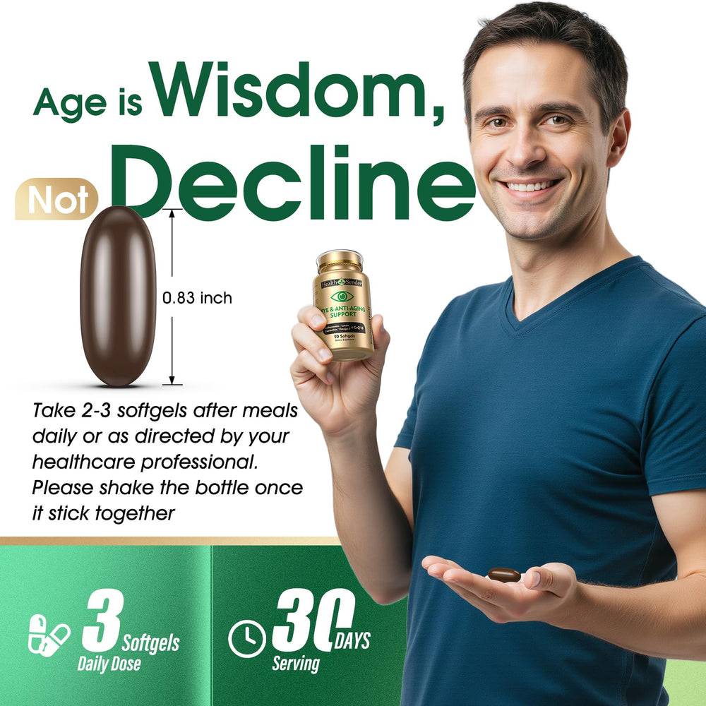 HealthSender Eye Vitamin 37in1 daily use shows easy-to-swallow softgels for routine care.
