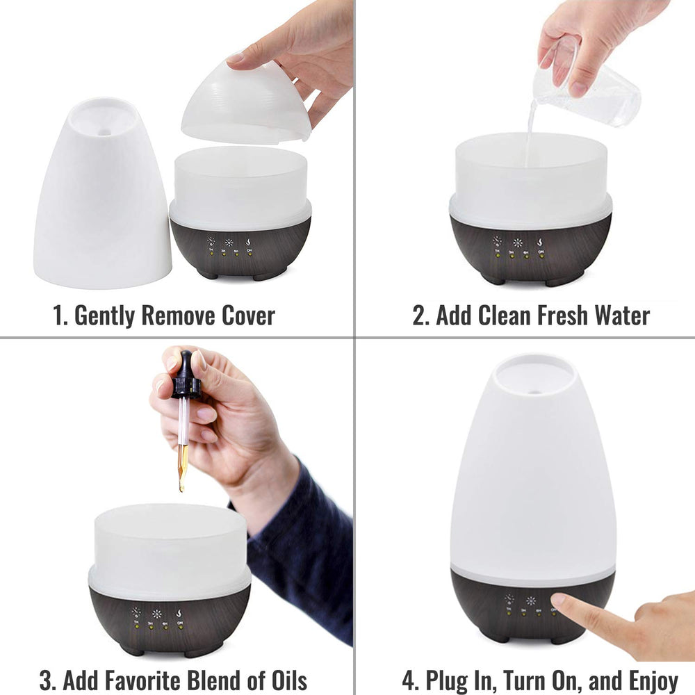 HealthSmart diffuser with sleek wood grain base that complements modern decor.