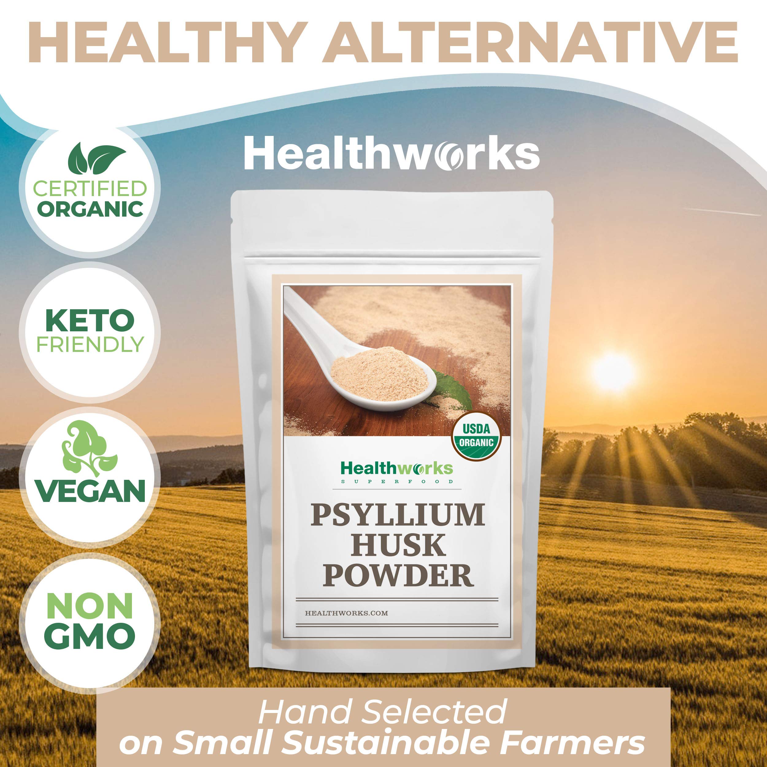 Measuring spoon with Healthworks psyllium shows precise dosing.